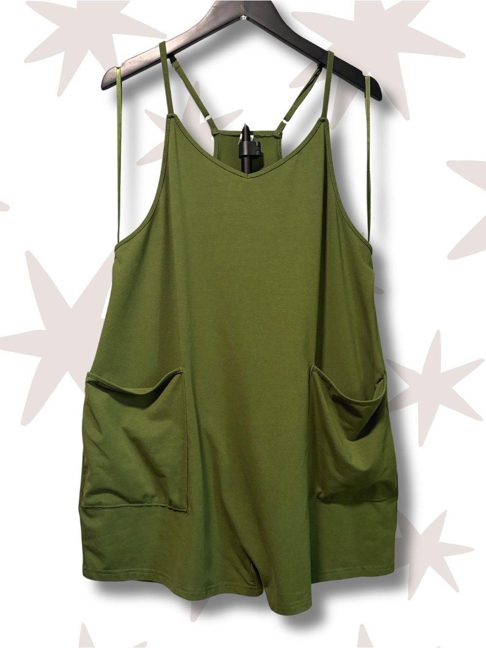 Olive Green Strappy Women's Romper with Front Pockets